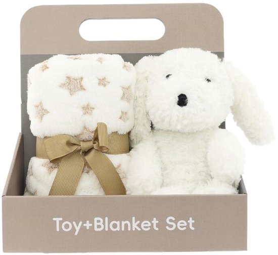 Knuffel & Deken Cadeauset Puppy – Zachte Babydeken met Knuffelhond – Luxe Kraamcadeau voor Baby's