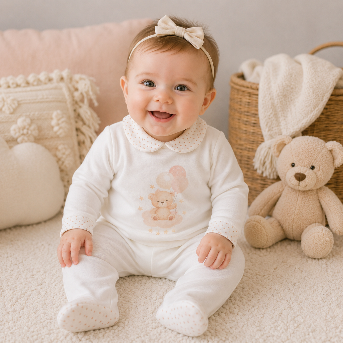 FS Baby - 2-delig Velours Babysetje Beer met Ballonnen – Shirt met Kraag & Broek met Voetjes