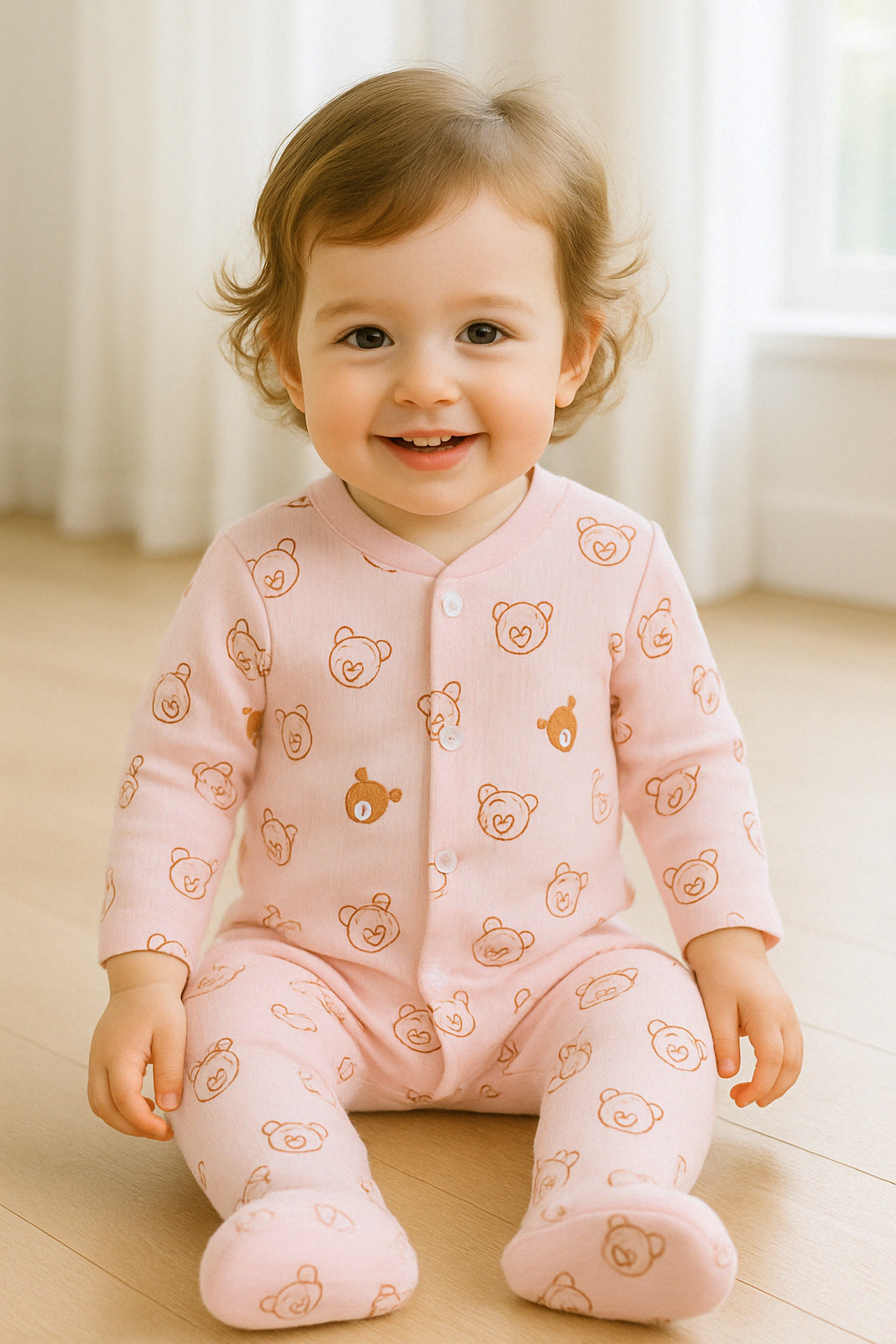 Berenprint Roze Romper – Lange Mouwen Babymeisjes Romper 3/6M