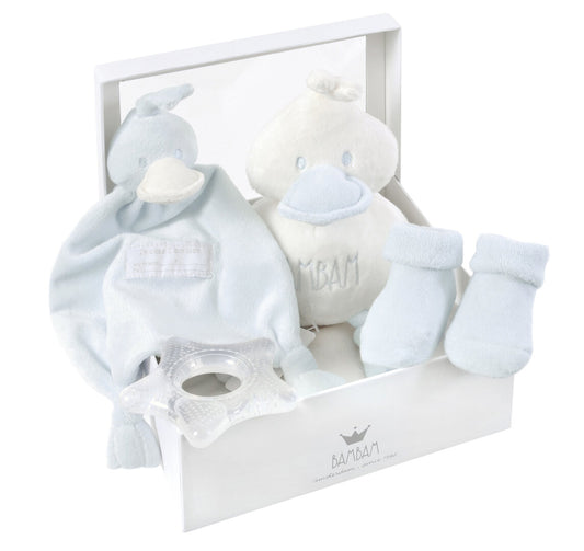 BamBam Cadeaubox Little Duck Dreams, bijtring, sokjes - Blauw - Baby cadeau