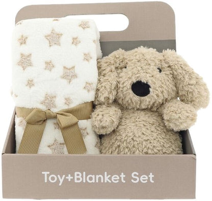Knuffel & Deken Cadeauset Puppy – Zachte Babydeken met Knuffelhond – Luxe Kraamcadeau voor Baby's