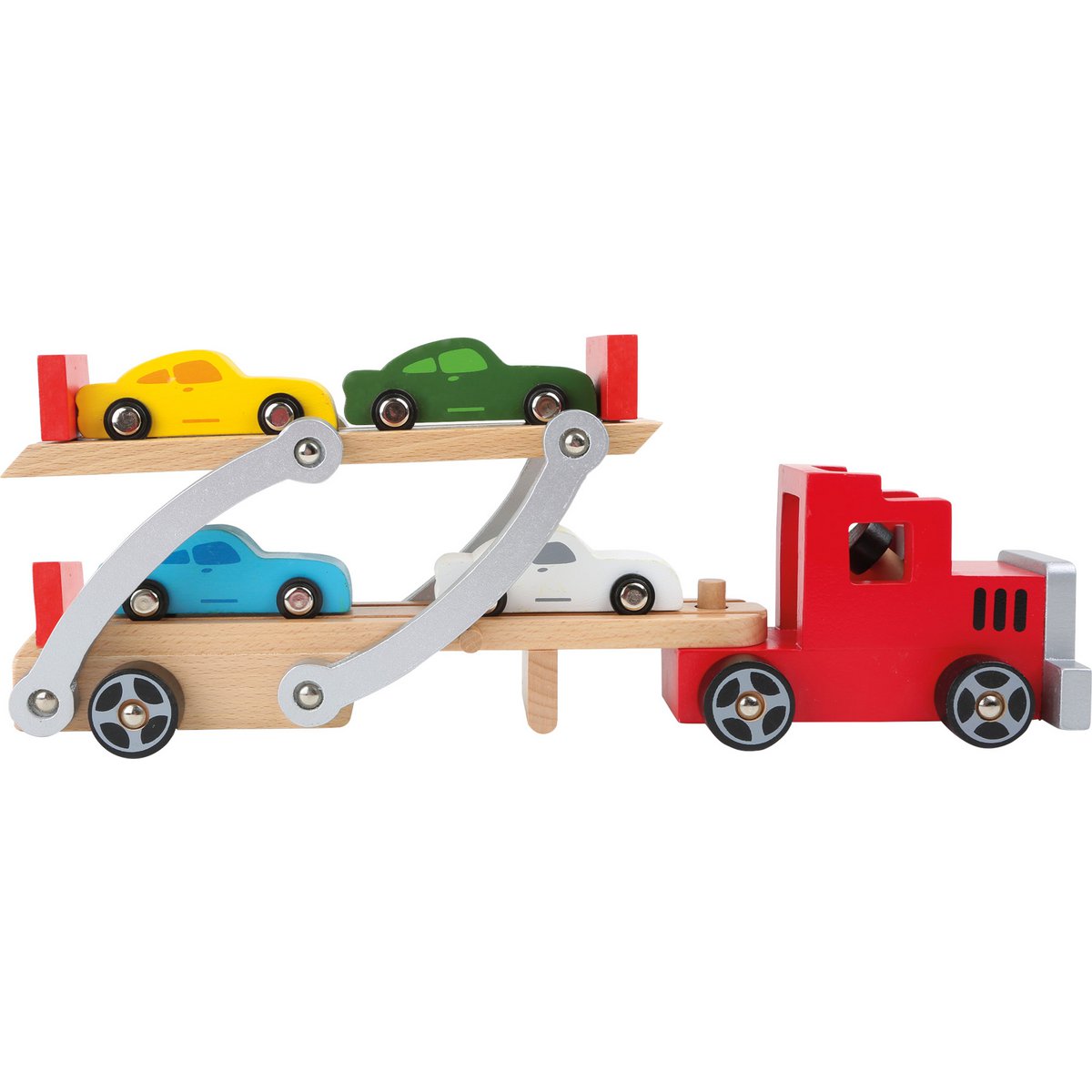 Houten Autotransporter met 4 Auto’s | Speelgoed Vrachtwagen voor Kinderen