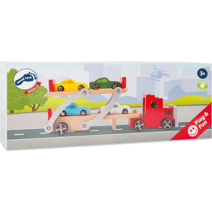 Houten Autotransporter met 4 Auto’s | Speelgoed Vrachtwagen voor Kinderen