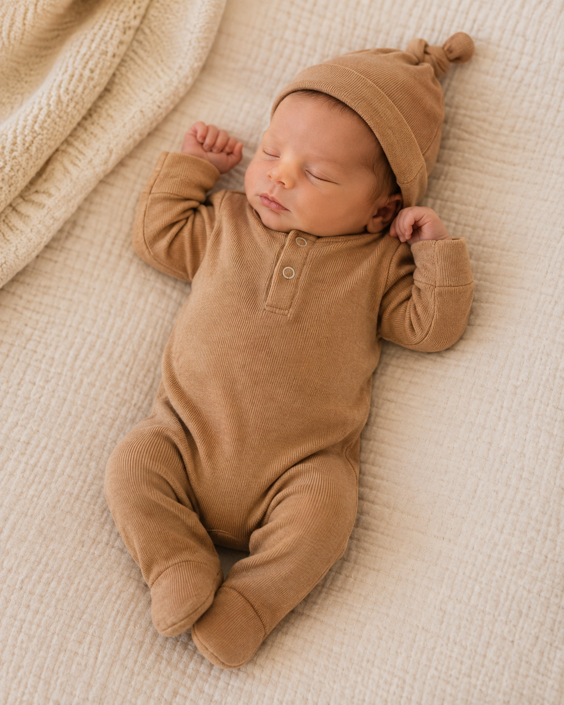 FS Baby Gebreide Babyset Bruin – Babygrow met Bijpassend Mutsje