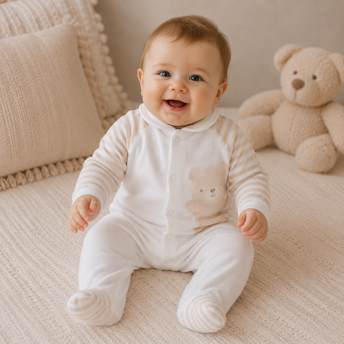 FS Baby -kruippakje met Beertje – Beige & Wit Gestreept