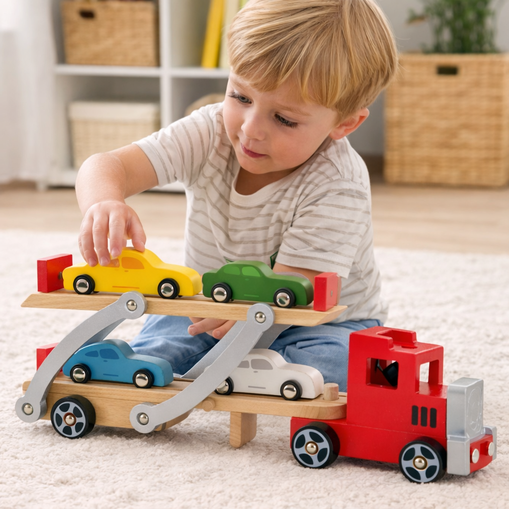 Houten Autotransporter met 4 Auto’s | Speelgoed Vrachtwagen voor Kinderen