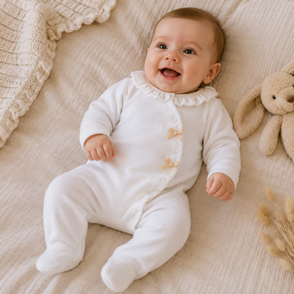 FS Baby - Baby kruippakje Velours Wit – Met Kraagje & Strikjes