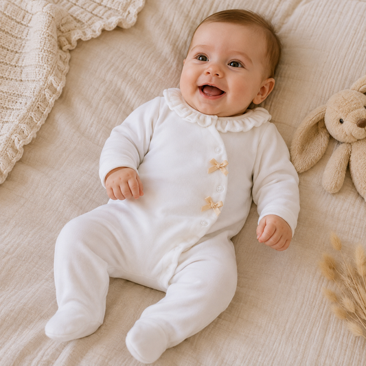 FS Baby - Baby kruippakje Velours Wit – Met Kraagje & Strikjes
