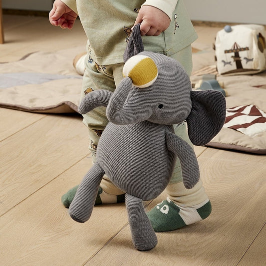 Nuuroo Teddy Olifant Knuffel – Biologisch Katoen – Gebreide Babyknuffel – Grijs & Geel