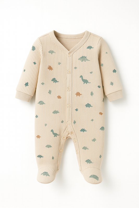 Créme kleur kruippakje met voetjes en dino motief - rebibd katoen