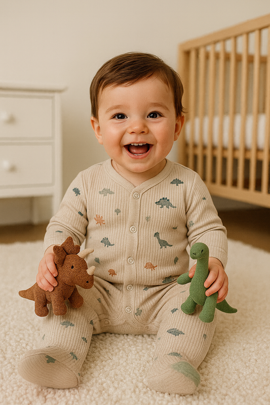 Créme kleur kruippakje met voetjes en dino motief - rebibd katoen