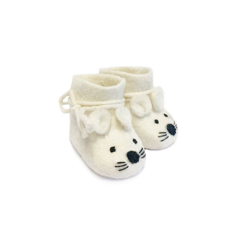 Babyslofjes Muis – Vilten Babyschoentjes – Fairmade – Unisex – Maat 9 cm – Wit/ Créme