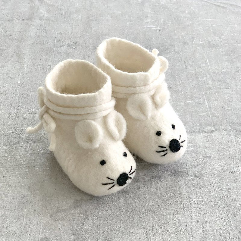 Babyslofjes Muis – Vilten Babyschoentjes – Fairmade – Unisex – Maat 9 cm – Wit/ Créme