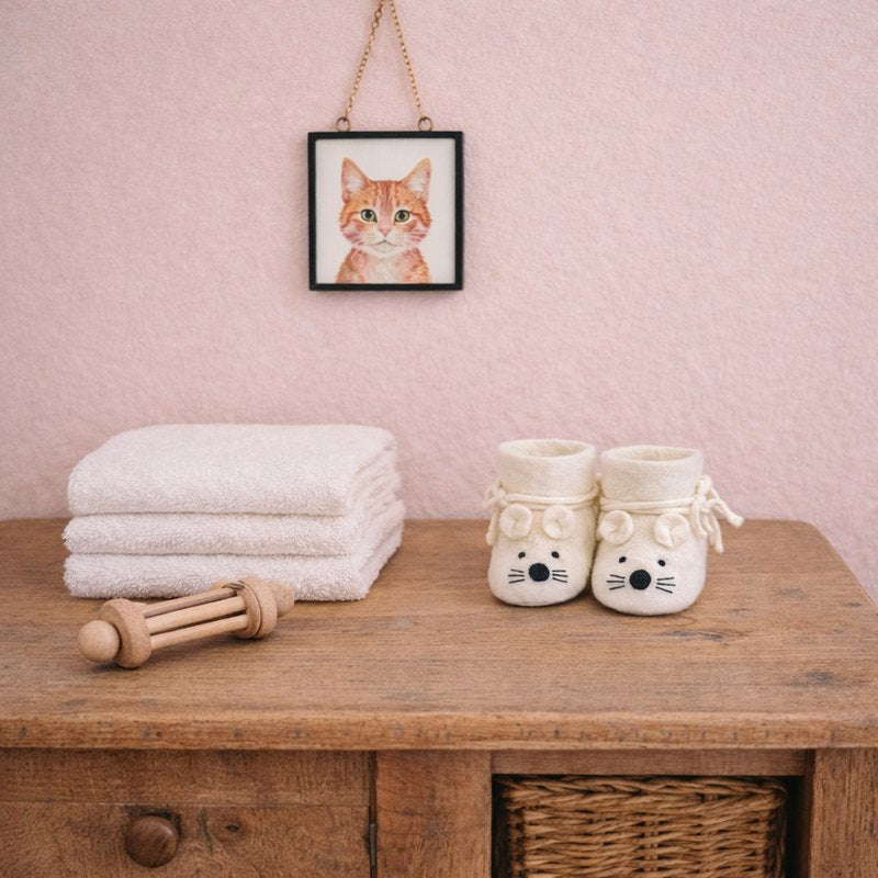 Babyslofjes Muis – Vilten Babyschoentjes – Fairmade – Unisex – Maat 9 cm – Wit/ Créme
