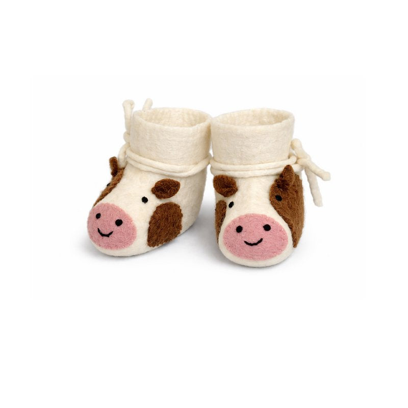 Babyslofjes Koe – Vilten Babyschoentjes – Fairmade – Unisex – Maat 9 cm – Wit/Bruin
